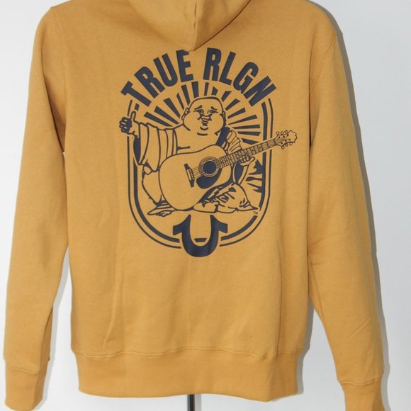 NWT TRUE RELIGION Premium Arch Buddha Full Zip Fleece Hoodie Jacket Antique Gold - Picture 1 of 5